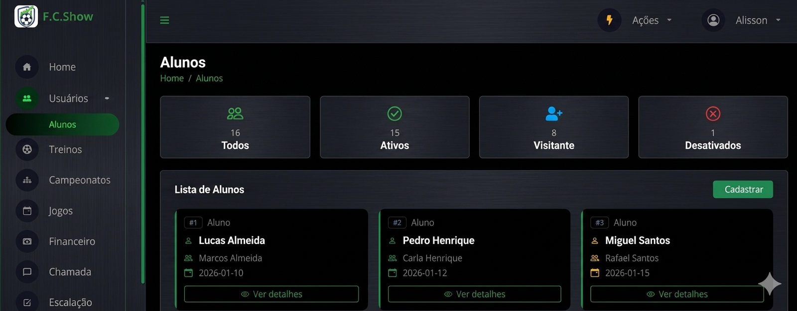 Dashboard esportivo F.C.Show